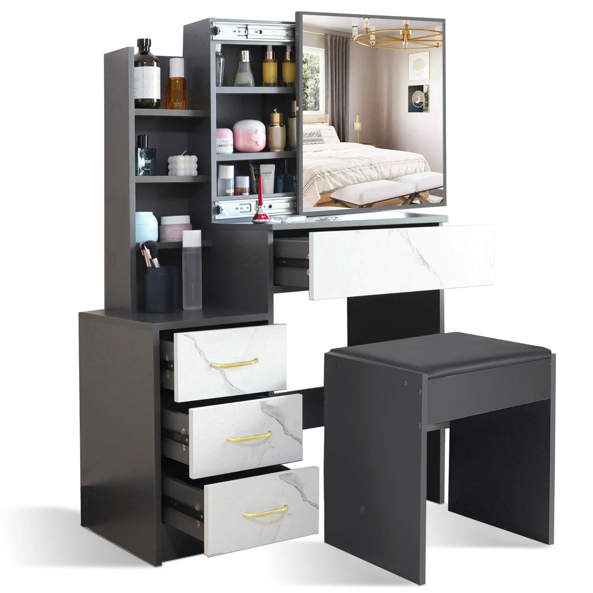 Dressing Table With Drawers Mirror Stool Set Makeup Desk Vanity
