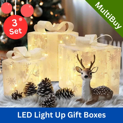 PEMOTECH 3 Pack Illuminated LED Light Up Gift Boxes Christmas Decorations Presents Ribbon