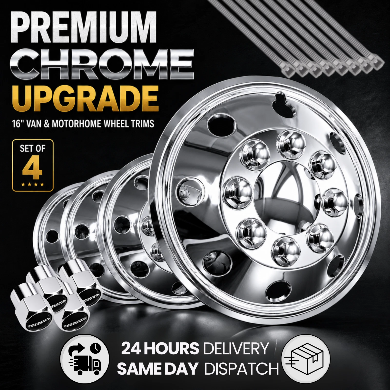 16 inch raised deep dish chrome-look van wheel trims