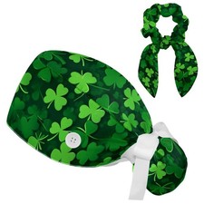 Scrub Caps Women with Button,Green One Size, Green Leaves St.patrick's Day