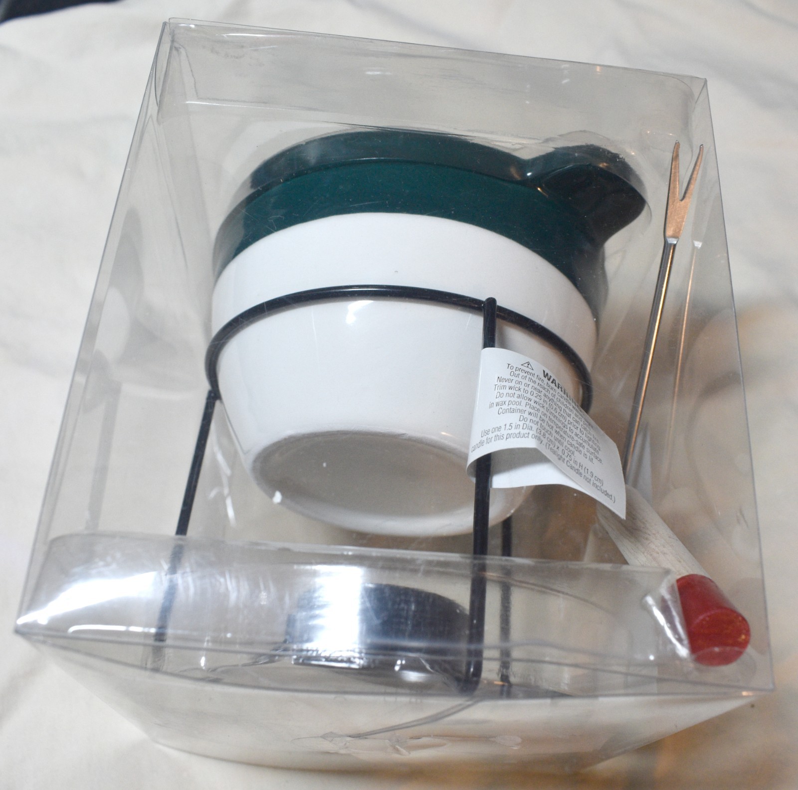 ANKYO Brand Mini Fondue Set-4 Piece-Green/White-Ceramic Pot/Holder-2 Forks NIB