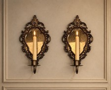 2 Antique Bronze Ornate Metal Baroque Style Mirrored Wall Sconce Candle Holder