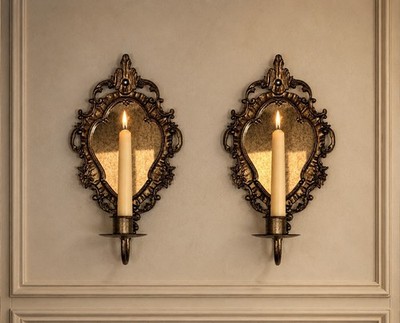 2 Antique Bronze Ornate Metal Baroque Style Mirrored Wall Sconce Candle Holder