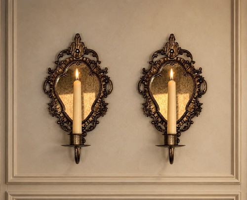 2 Antique Bronze Ornate Metal Baroque Style Mirrored Wall Sconce Candle Holder