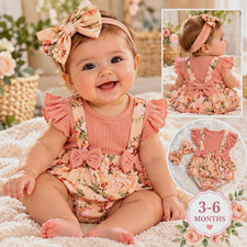 Pink Floral Ribbed Romper Bodysuit Set w/ Bow Headband, 3-6 Months