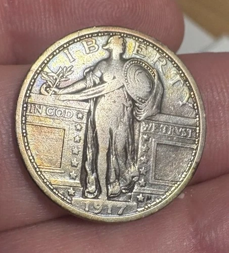 1917 Standing Liberty Silver Quarter,  Type 1, Rainbow Tones, Beautiful Coin XF