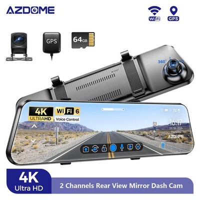 AZDOME 12''4K+1080P Rear View Mirror Dash Cam Wi-Fi GPS Parking Mode 64GB SD Card