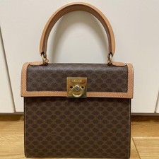 CELINE Macadam Pattern Vintage Leather Handbag Brown Medium Auth From Japan