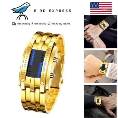 Men's Binary Matrix Blue LED Digital Watch Waterproof Stainless Steel - Gold