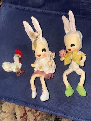 Vtg 1960s Felt Easter Bunny Pixie Girl Boy Shelf Sitter Cute 8.5'' Japan Rare