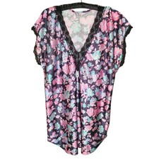 1980s Satin Black  Bright Floral Lace Trim LG Nightgown Sleep Nighty V Neck