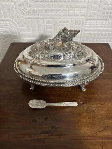 Beautiful Anglo Indian Silver Plated Caviar Tureen- Stunning Shell Decoration