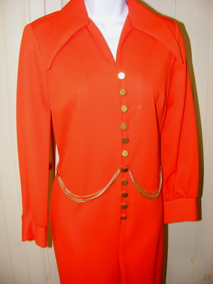 70S DISCO JUMPSUIT ORANGE POLYESTER ONE PIECE GOLD BELT VINTAGE 1970S FASHIONS S - Image 3 of 4