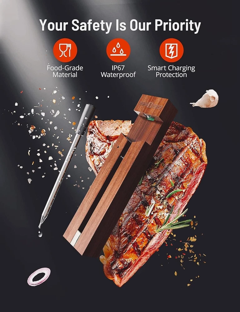 Meat Thermometer - Wireless, Smart Alert, IP67 Waterproof, Dishwasher Safe Meat Thermometer - Wireless, Smart Alert, IP67 Waterproof, Dishwasher Safe