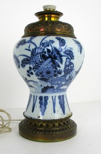 Antique Chinese Blue white Porcelain Lamp Vase Birds Ladies