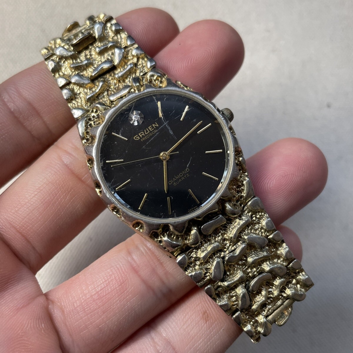 Vintage Gruen Diamond Watch Men 32mm Gold Tone Nugget Band New Battery