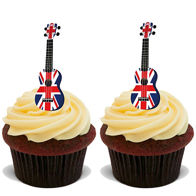 30x UNION JACK VE DAY 80 JAHRE GITARRE PREMIUM Essbar Stand Up Cup Cake Topper