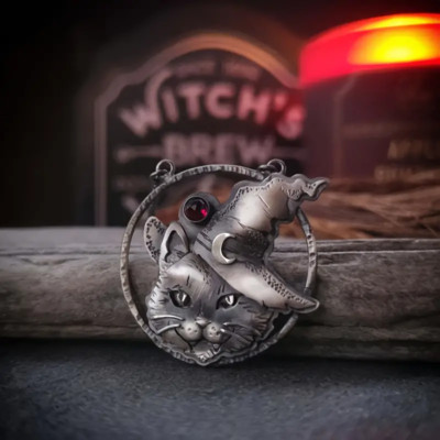 Feline Witch Jewelry Vintage Silvery Cat Wicca Magic Kitten Pendant ...