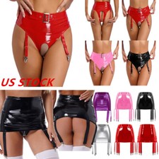 Women Crotchless Briefs with Metal Garter Clips Miniskirt Wet Look Rave Clubwear