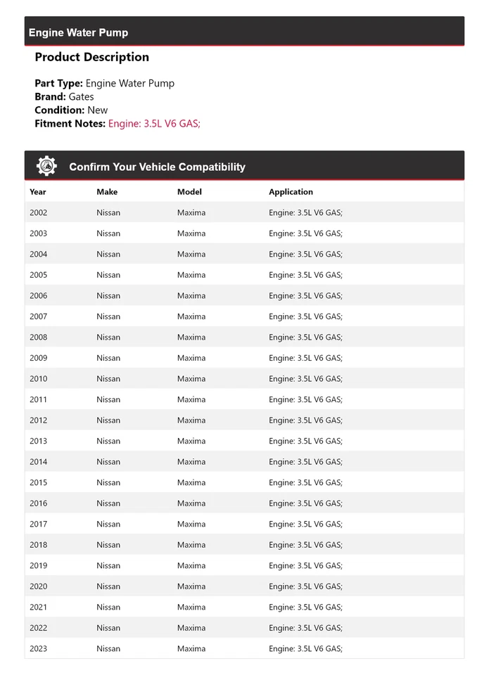 Para Nissan Máxima 2002-2023 3,5 L V6 Motor Gas Bomba Agua Puertas 2003 2004 2005 Foto 2 de 4