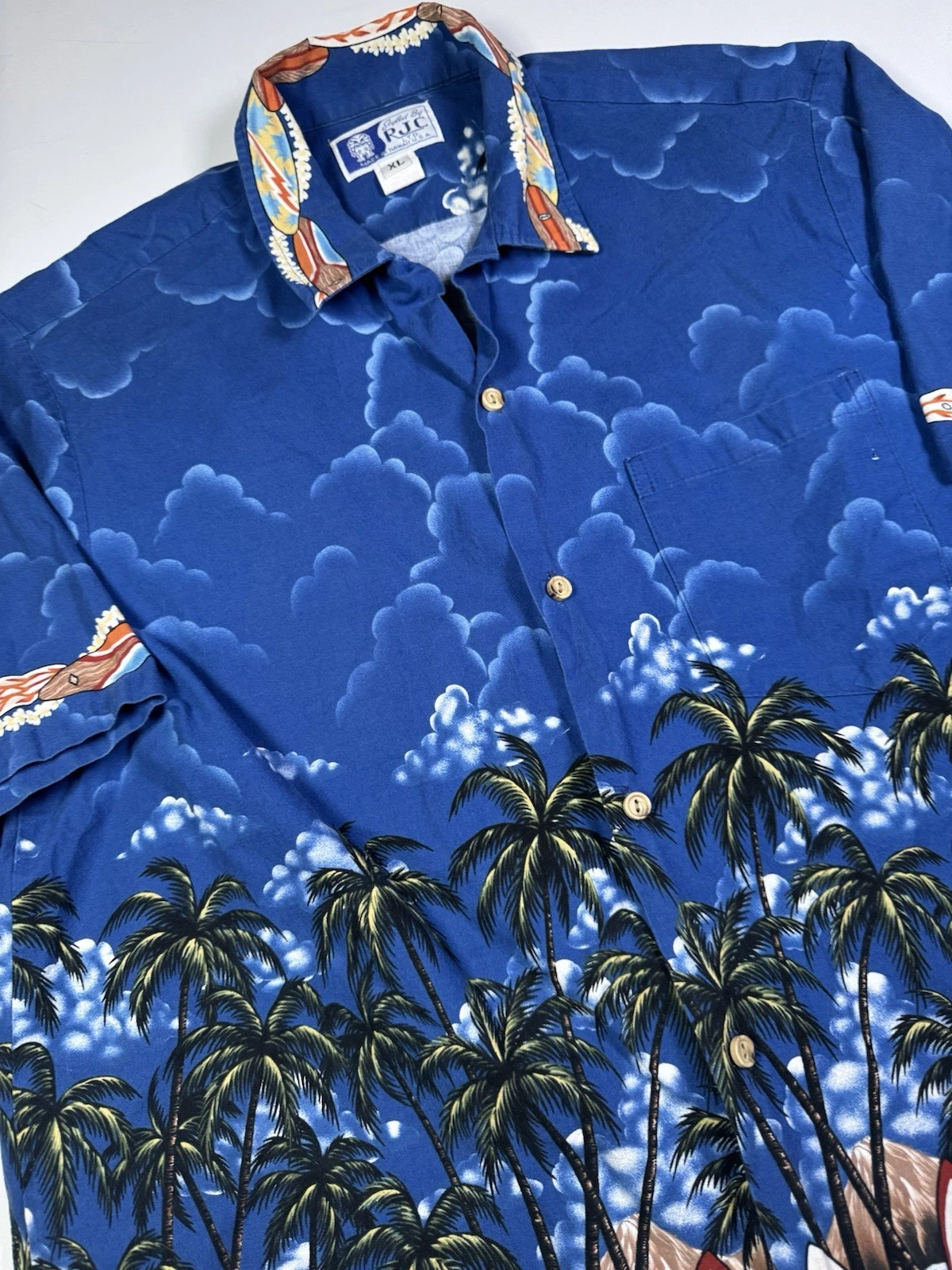 RJC Hawaiian Shirt Mens XL Blue Surf Boards Tropical Camp Made In USA Aloha