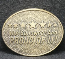 XA01122 NOS VINTAGE 1970s NRA GUNOWNER AND PROUD OF IT BRASS BELT BUCKLE