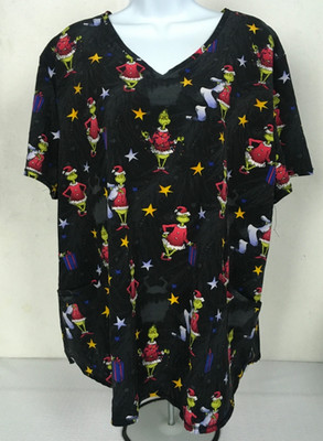 Dr Seuss Scrub Top Women Size 2XL Black w Grinch Pockets V neck Short Sleeves