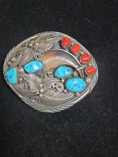 VTG Sterling Silver Turquoise Coral Navajo Style Belt Buckle 69.3g