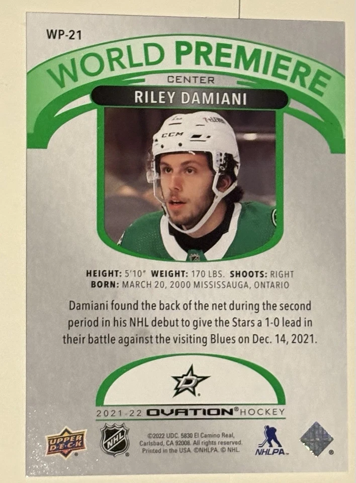 21-22 UD Ovation World Premiere Green /25 Riley Damiani Rookie RC Color Match - Image 2 of 2