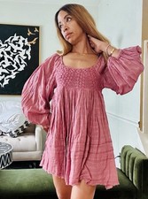 Free People Ari Mini Dress Smocked Babydoll XS Ballon Sleeve Dried Currant Flowy