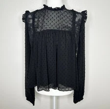 ZARA Trafaluc Womens Black Sheer Dotted Long Sleeve Ruffled Top Blouse Size L