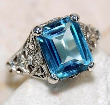 4CT Natural Aquamarine 925 Solid Sterling Silver Nouveau Look Ring Sz 6,7,8 RE2