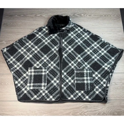 Tahari Womens Poncho Plaid Faux Fur Collar Sherpa Fleece Black White L/XL New - Image 1 of 4