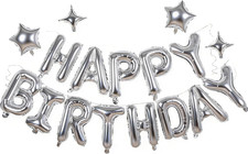 Silver Happy Birthday Banner Balloon Aluminum Foil 16 Inch Letter,10 Inch Five P