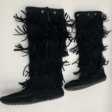 Minnetonka Moccasins Boots Women 9 Black Style 1659 Suede Full Fringe