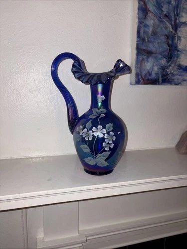 Fenton Vase/Pitcher Carnival Glass with Handpainted Flowers