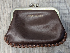Vintage Leather Coin Purse Brown Double Kiss Lock Closure Braided Seam