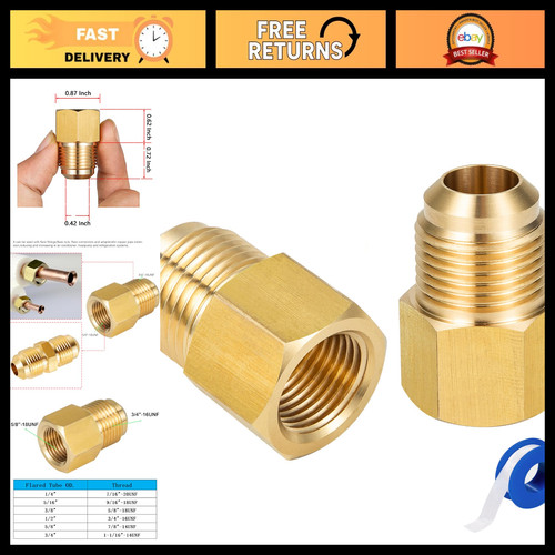 2pcs 3/8" Female Flare to 1/2" Male Flare Brass Adapter for Fuel, Oil, Air, LP G