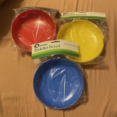 LOT OF 3 VINTAGE 1988 GERBER TODDLER BOWLS RED YELLOW BLUE LEARNING SELF FEEDING