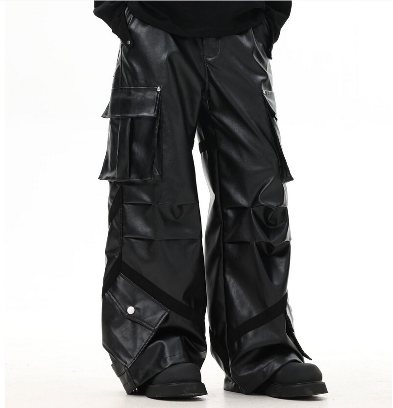 Hot Mens Punk Casual Loose Pockets Cargo Pants Pu Leather Trousers 
