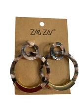 ZMZY Earrings Acrylic Tortoise Shell Pattern Gold Tone Hoops 2.25" Long New