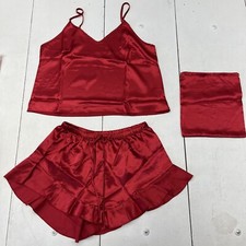 Red Satin Pajama Set Tank Top / Ruffle Hem Shorts Laundry Bag Womens M