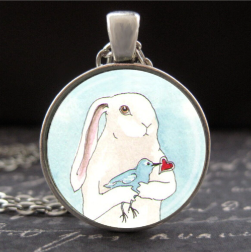 Bunny Rabbit Blue Bird Heart Necklace Silver Pendant Valentine's Day Jewelry New - Afbeelding 1 van 3