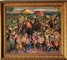 ANTIQUE MODERN THAILAND FIGURATIVE FOLK ART OIL PAINTING ASIAN THAI LANDSCAPE