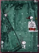 PEANUTS Snoopy Green Christmas Throw Blanket VelvetLoft. Extra Long - 60x70, New