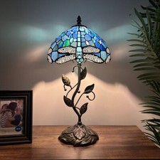 Tiffany Style Table Lamp Blue Stained Glass Dragonfly Include LED Bulb 10"W 20"H