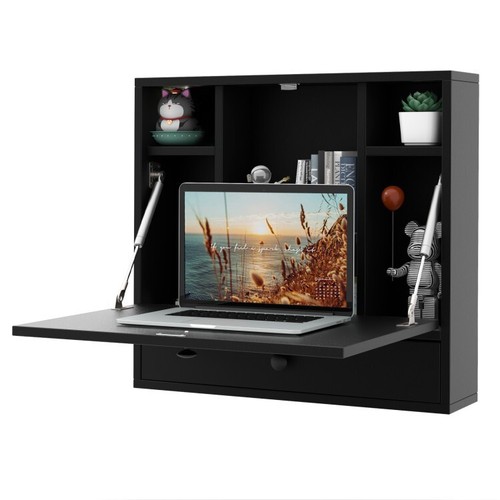 Wall-Mounted Floating Desk Folding Laptop Workstation Table With Storage Cabinet - Picture 3 of 9