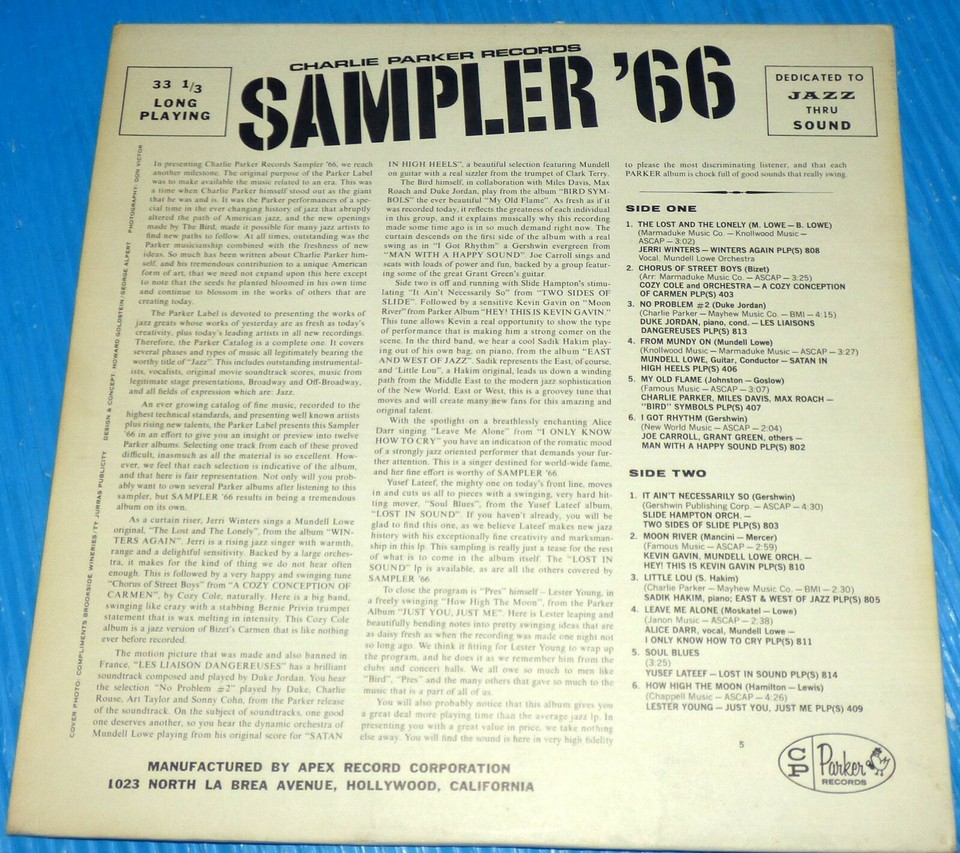 Charlie Parker Records Sampler '66 / 1966 Stereo Miles Davis, Lester ...