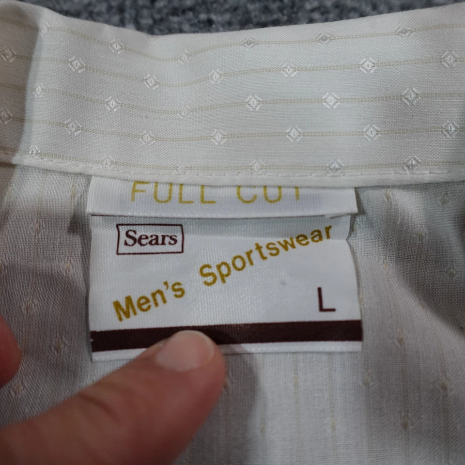Vintage Sears Shirt Mens L Beige Stripe Camp Button Up Dagger Collar 70s 14069 - Image 4 of 4
