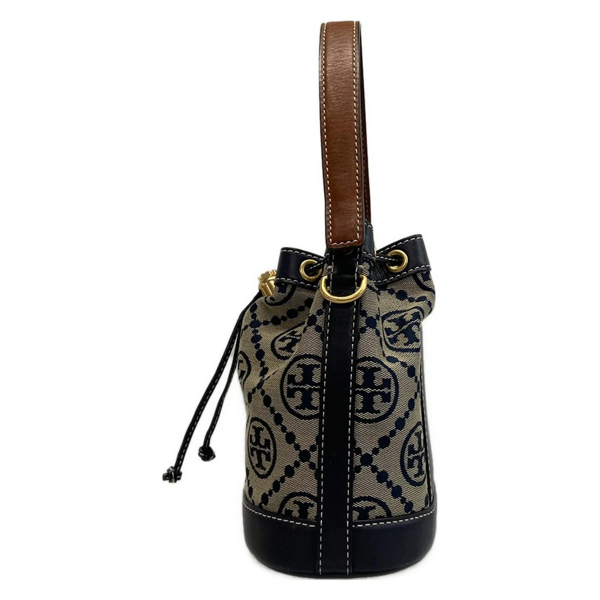 TORY BURCH - Cream Dark Navy Dark Brown Jacquard Leather Handbag thumbnail 4